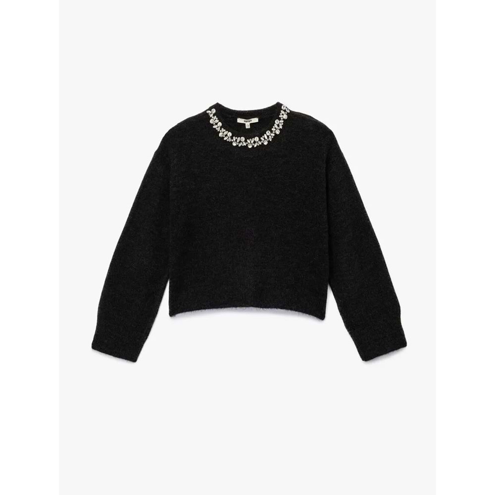 Kadın Giyim Uzun Kollu Bisiklet Yaka Taşlı Triko Kazak 6WAK90145HT