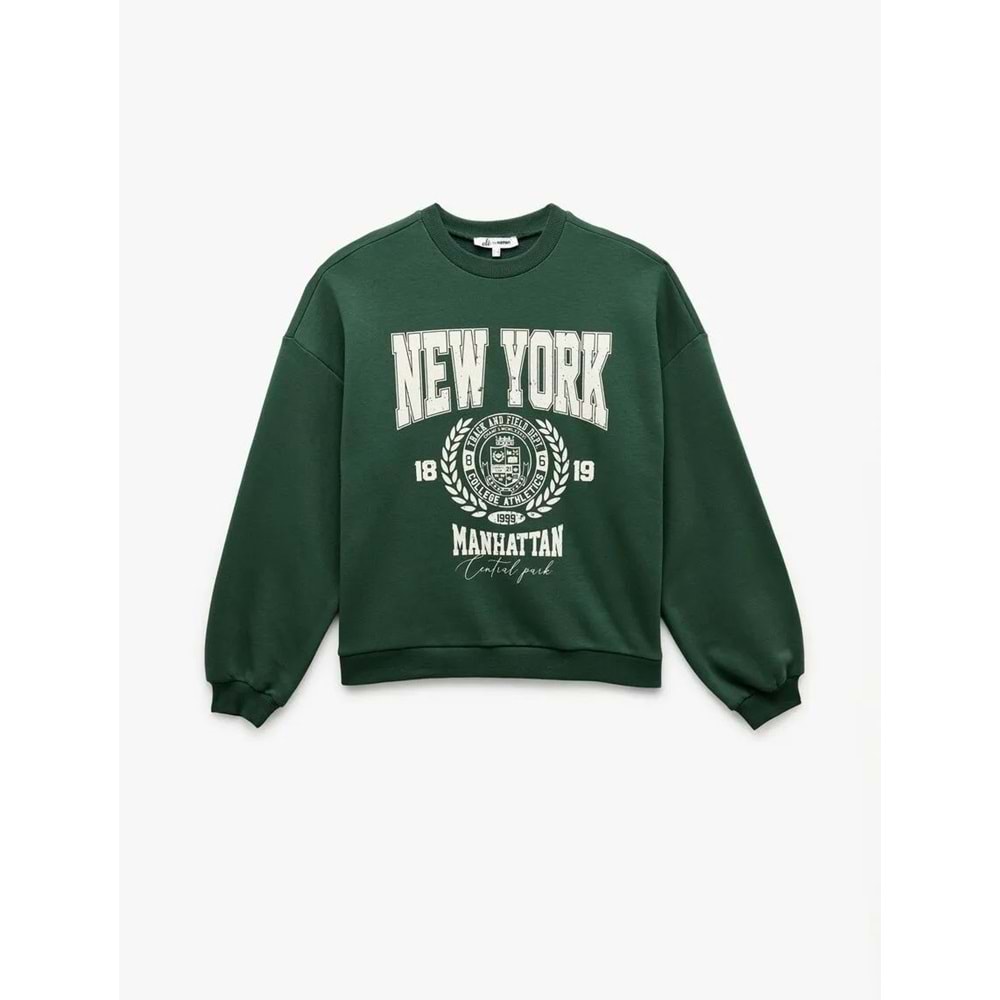 Kadın Giyim Şardonlu Baskılı Uzun Kollu Bisiklet Yaka Oversize Sweatshirt - KOTON - 6WAL10138IK - YEŞİL - M