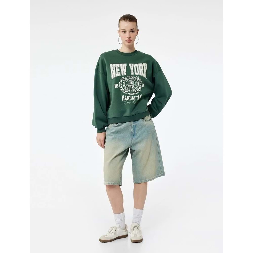Kadın Giyim Şardonlu Baskılı Uzun Kollu Bisiklet Yaka Oversize Sweatshirt - KOTON - 6WAL10138IK - YEŞİL - M