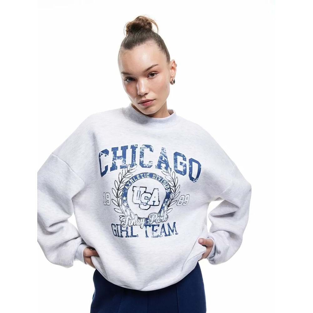 Kadın Giyim Baskılı Şardonlu Uzun Kollu Dik Yaka Sweatshirt - KOTON - 6WAL10155IK - KAR MELANJ - M