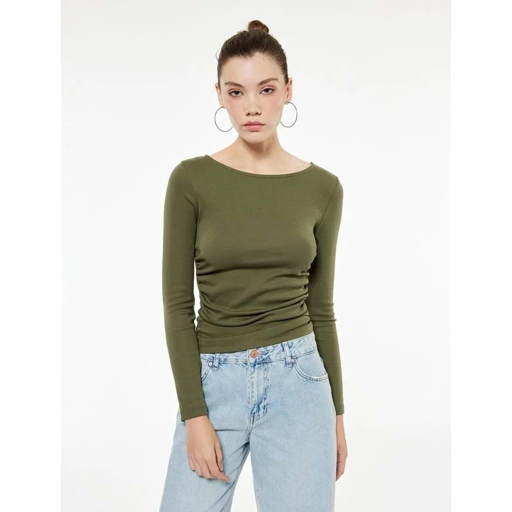 Kadın Giyim Pamuklu Slim Fit Kayık Yaka Drapeli Uzun Kollu Tişört - KOTON - 6WAL10195IK - HAKİ - XS