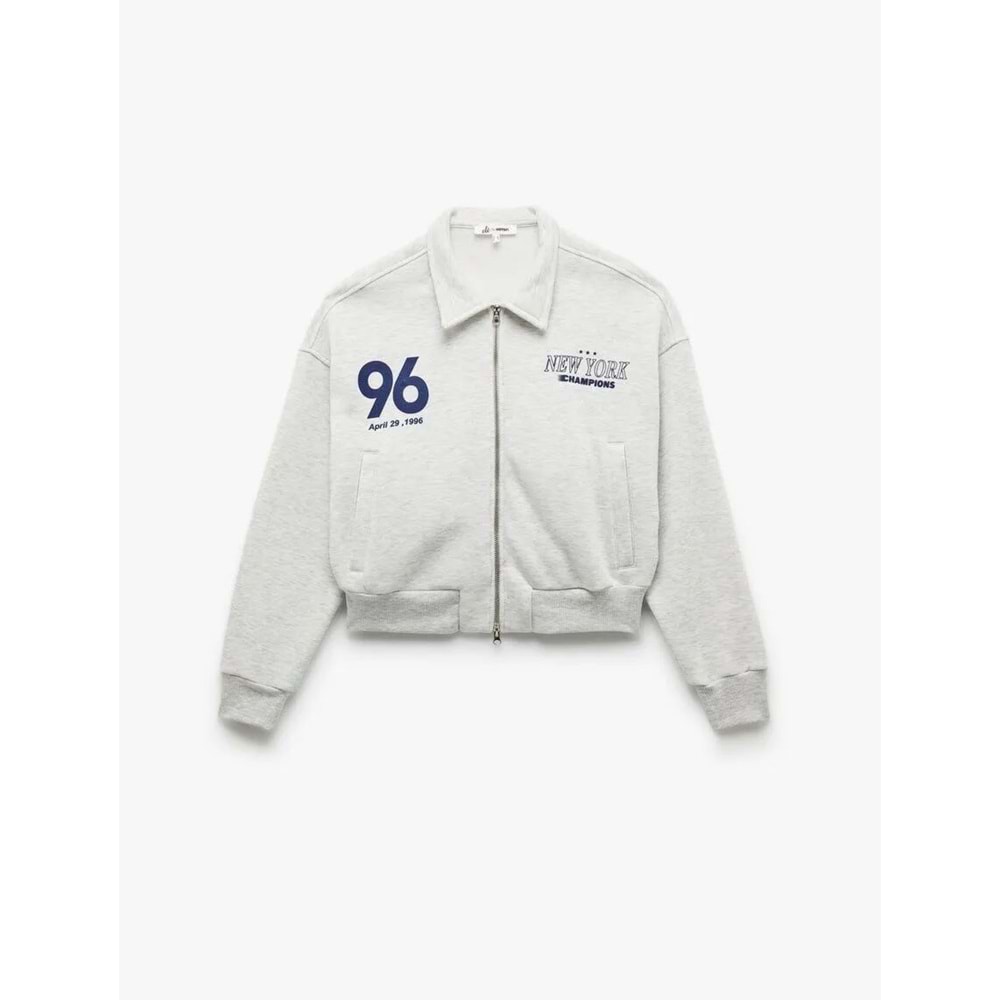 Kadın Giyim Şardonlu Uzun Kollu Cepli Arkası Baskılı Fermuarlı Sweatshirt - KOTON - 6WAL10203IK - KAR MELANJ - XS