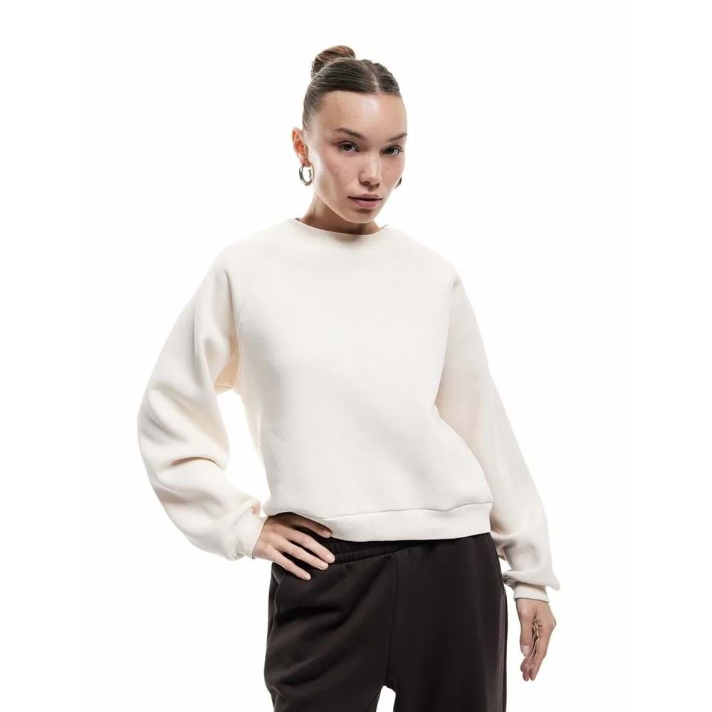 Kadın Giyim Üç İplik Şardonlu Dikiş Detaylı Bisiklet Yaka Oversize Sweatshirt - KOTON - 6WAL10225IK - BEJ - M