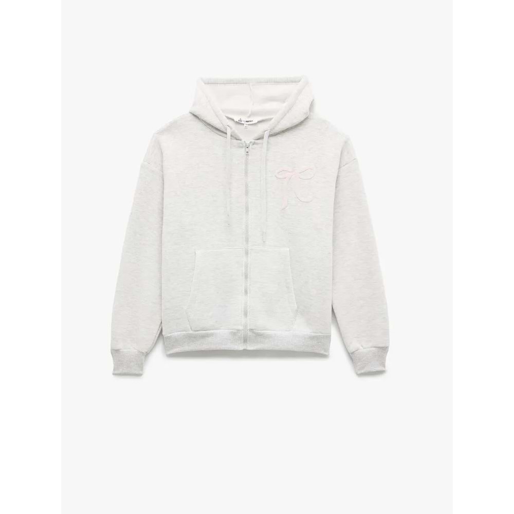 Kadın Giyim Şardonlu Kanguru Cepli Kapüşonlu Fiyonklu Arkası Baskılı Fermuarlı Oversize Sweatshirt - KOTON - 6WAL10228IK - KAR MELANJ - M-L