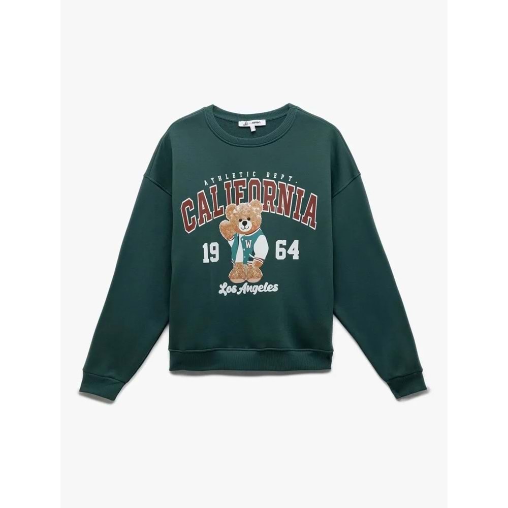 Kadın Giyim Şardonlu Uzun Kollu Bisiklet Yaka Ayıcık Baskılı Oversize Sweatshirt - KOTON - 6WAL10234IK - YEŞİL - XS