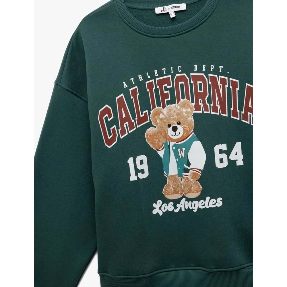 Kadın Giyim Şardonlu Uzun Kollu Bisiklet Yaka Ayıcık Baskılı Oversize Sweatshirt - KOTON - 6WAL10234IK - YEŞİL - XS