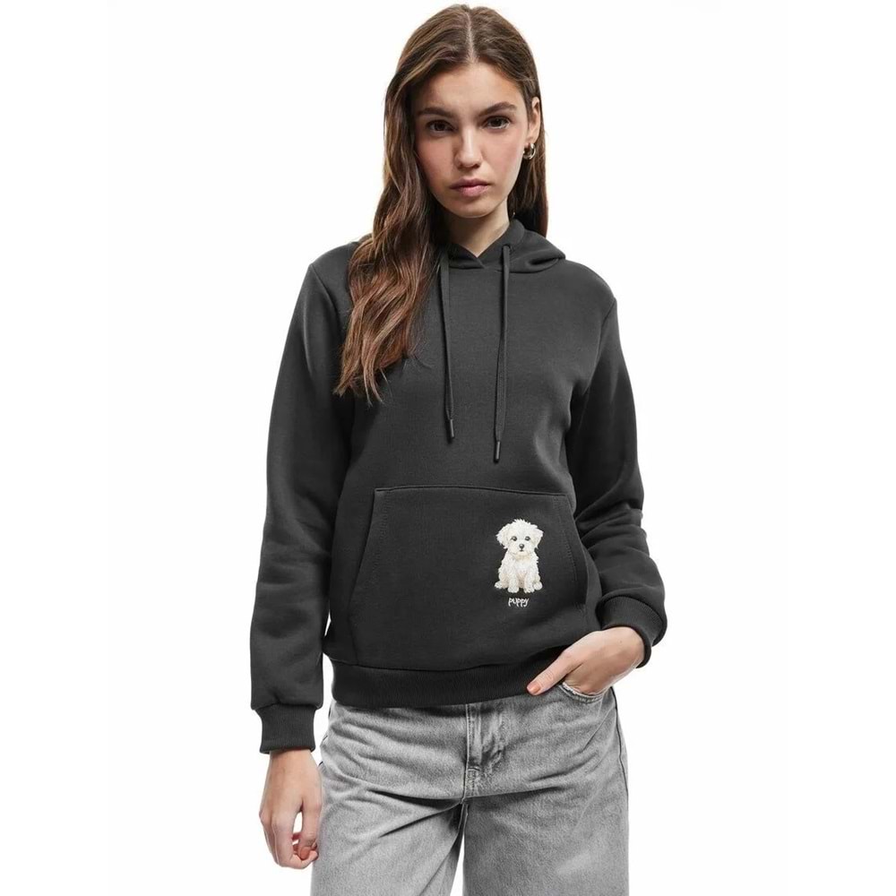 Kadın Giyim Şardonlu Uzun Kollu Kapüşonlu Köpek Nakışlı Kanguru Cepli Sweatshirt - KOTON - 6WAL10236IK - ANTRASİT - XS