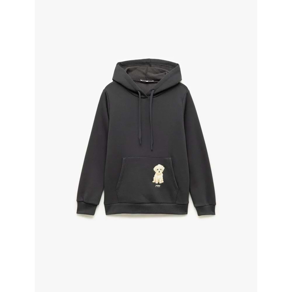 Kadın Giyim Şardonlu Uzun Kollu Kapüşonlu Köpek Nakışlı Kanguru Cepli Sweatshirt - KOTON - 6WAL10236IK - ANTRASİT - XS