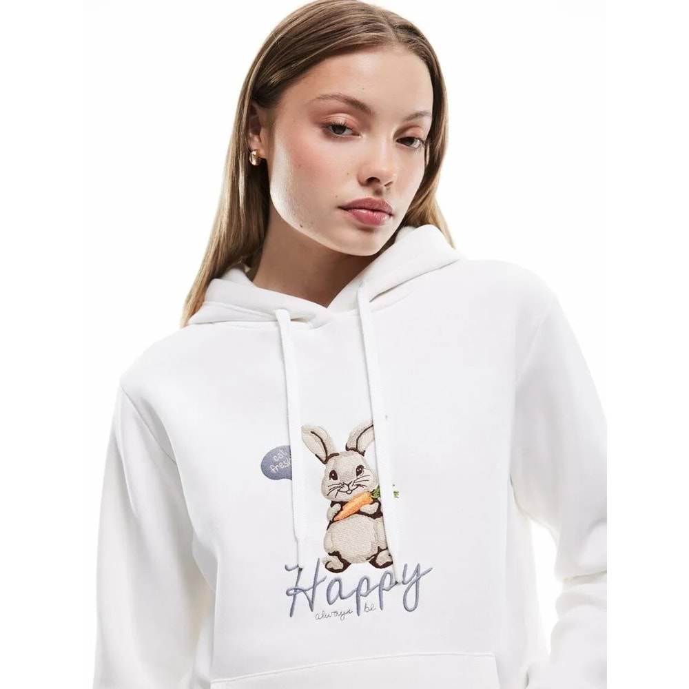 Kadın Giyim Üç İplik Şardonlu Nakış Detaylı Kanguru Cepli Kapüşonlu Sweatshirt - KOTON - 6WAL10238IK - EKRU - XS
