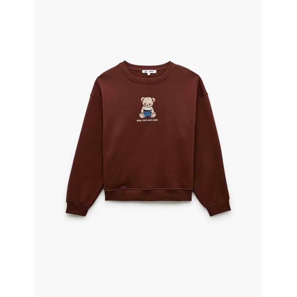 Kadın Giyim Ayıcık Nakışlı Şardonlu Uzun Kollu Bisiklet Yaka Oversize Sweatshirt - KOTON - 6WAL10241IK - KAHVERENGİ - M