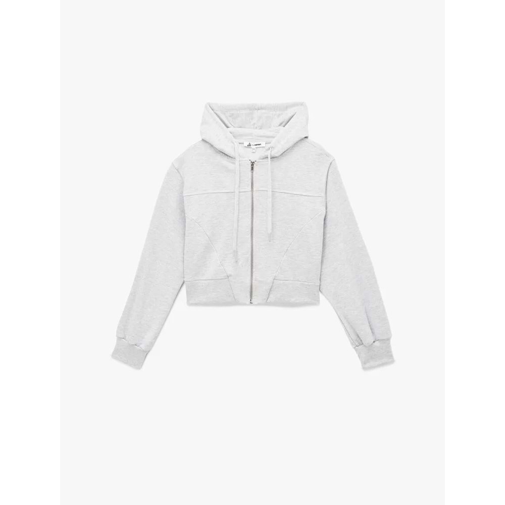 Kadın Giyim Rahat Kalıp Cep Detaylı Kapüşonlu Fermuarlı Crop Sweatshirt - KOTON - 6WAL10354IK - KAR MELANJ - XS