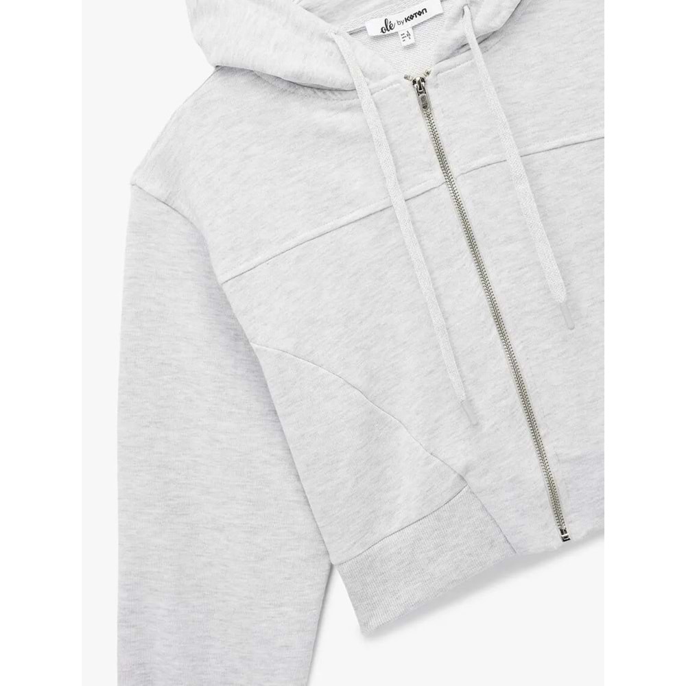 Kadın Giyim Rahat Kalıp Cep Detaylı Kapüşonlu Fermuarlı Crop Sweatshirt - KOTON - 6WAL10354IK - KAR MELANJ - XS