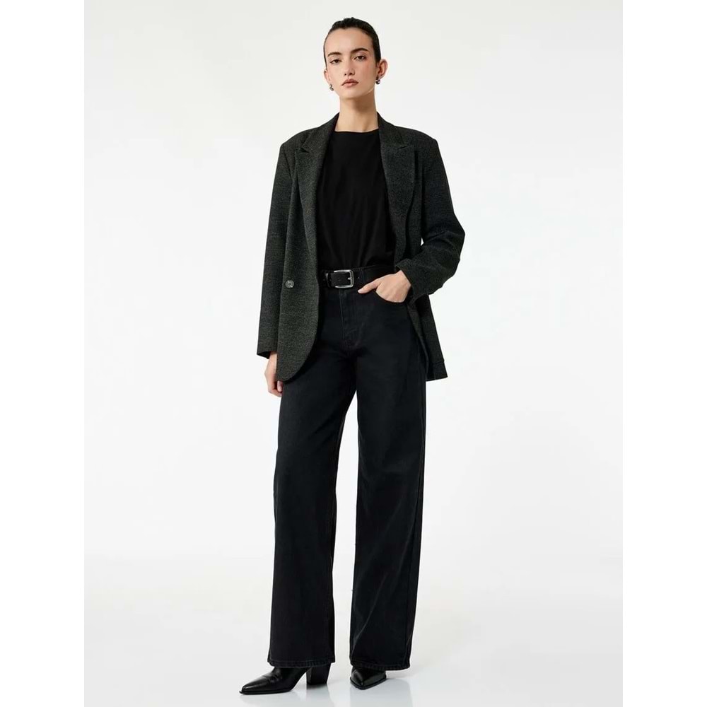 Kadın Giyim Yüksek Bel Pamuklu Düğmeli Geniş Paça Jean Pantolon - Wide Leg Jeans - KOTON - 6WAL40005MD - SİYAH - 27/32