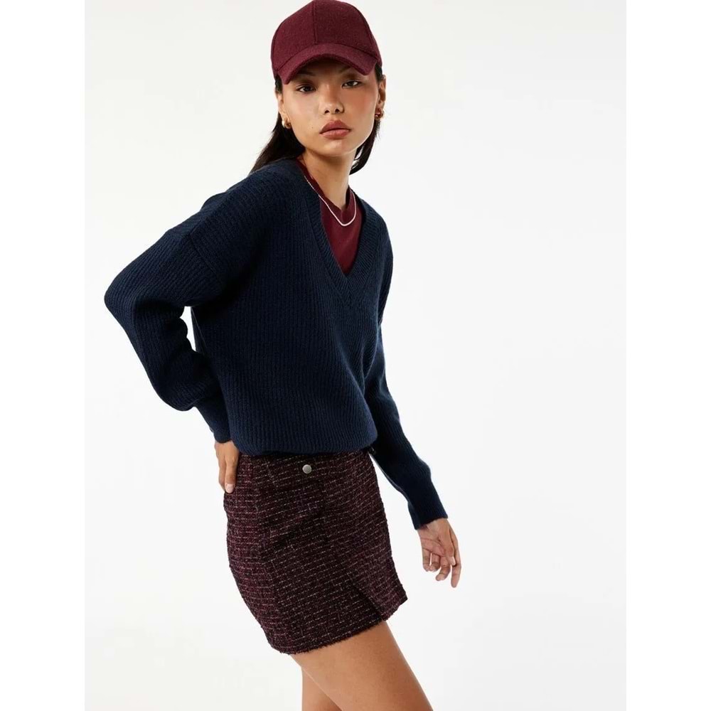 Kadın Giyim Cep Detaylı Düğmeli A Kesim Slim Fit Tüvit Mini Etek - KOTON - 6WAL70009IW - Mor Desenli - 38