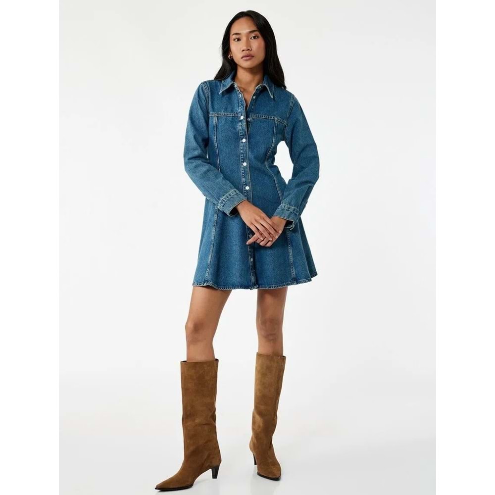 Kadın Giyim Pamuklu Uzun Kollu Klasik Yaka Düğmeli Volanlı Mini Denim Elbise - KOTON - 6WAL80010MD - KOYU İNDİGO - 38