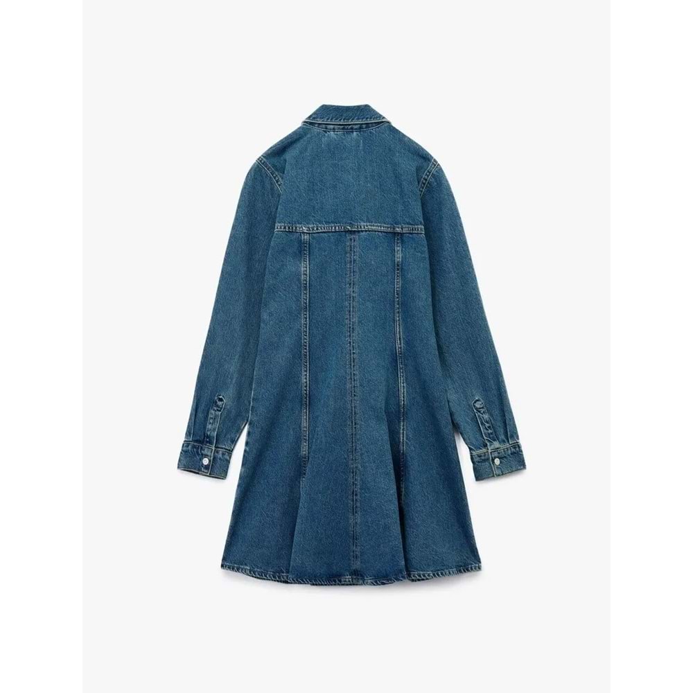 Kadın Giyim Pamuklu Uzun Kollu Klasik Yaka Düğmeli Volanlı Mini Denim Elbise - KOTON - 6WAL80010MD - KOYU İNDİGO - 38