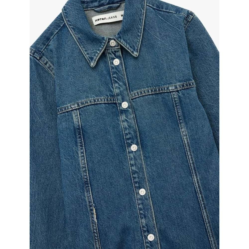 Kadın Giyim Pamuklu Uzun Kollu Klasik Yaka Düğmeli Volanlı Mini Denim Elbise - KOTON - 6WAL80010MD - KOYU İNDİGO - 38