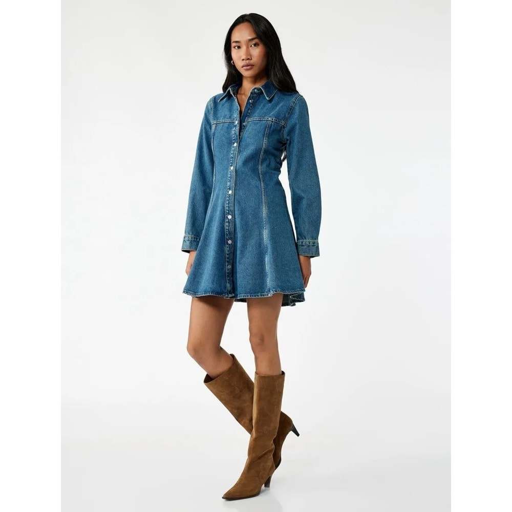 Kadın Giyim Pamuklu Uzun Kollu Klasik Yaka Düğmeli Volanlı Mini Denim Elbise - KOTON - 6WAL80010MD - KOYU İNDİGO - 38
