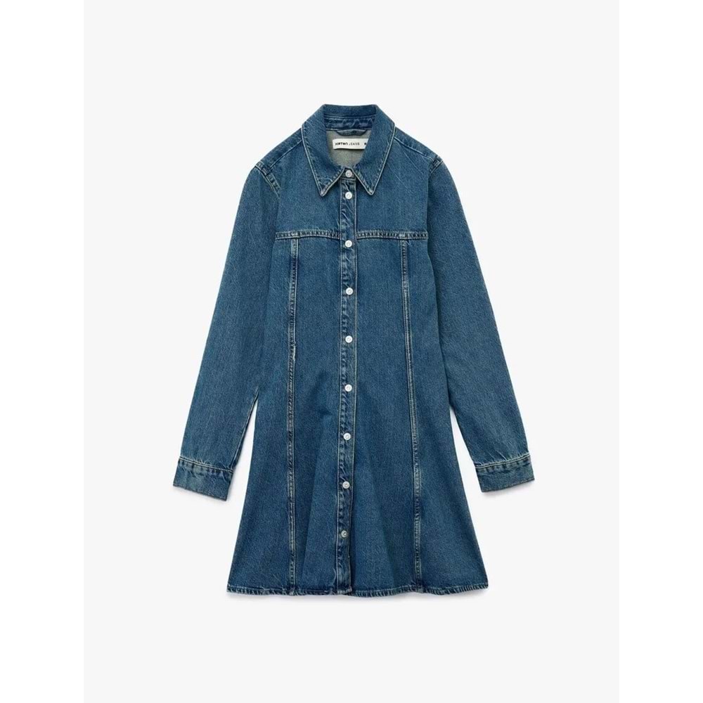 Kadın Giyim Pamuklu Uzun Kollu Klasik Yaka Düğmeli Volanlı Mini Denim Elbise - KOTON - 6WAL80010MD - KOYU İNDİGO - 38