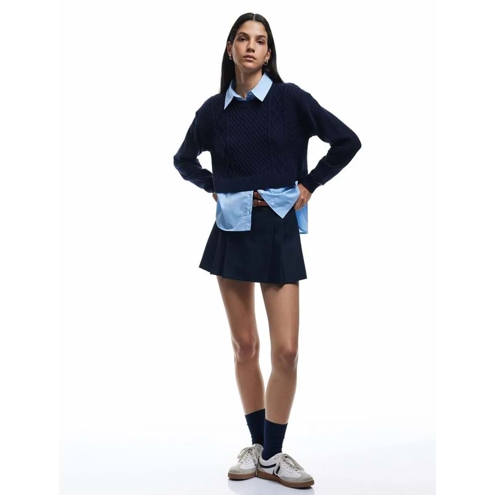 Kadın Giyim Uzun Kollu Gömlek Yaka Saç Örgü Dokulu Viskon Karışımlı Kazak - KOTON - 6WAL90003IT - LACİVERT - M