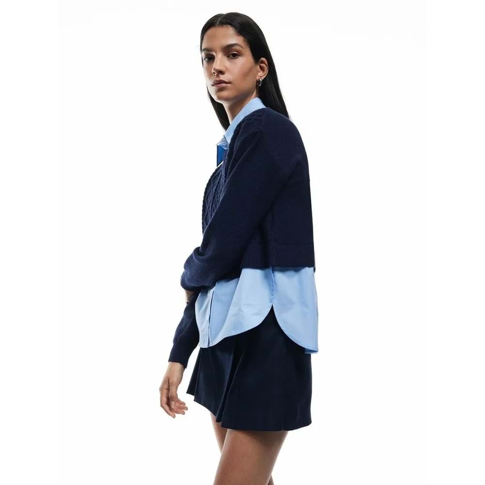 Kadın Giyim Uzun Kollu Gömlek Yaka Saç Örgü Dokulu Viskon Karışımlı Kazak - KOTON - 6WAL90003IT - LACİVERT - S