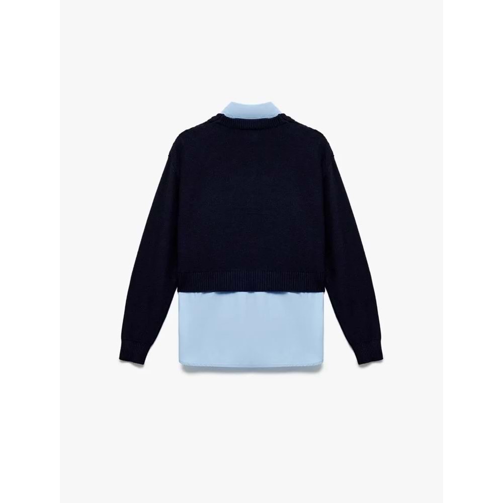 Kadın Giyim Uzun Kollu Gömlek Yaka Saç Örgü Dokulu Viskon Karışımlı Kazak - KOTON - 6WAL90003IT - LACİVERT - S