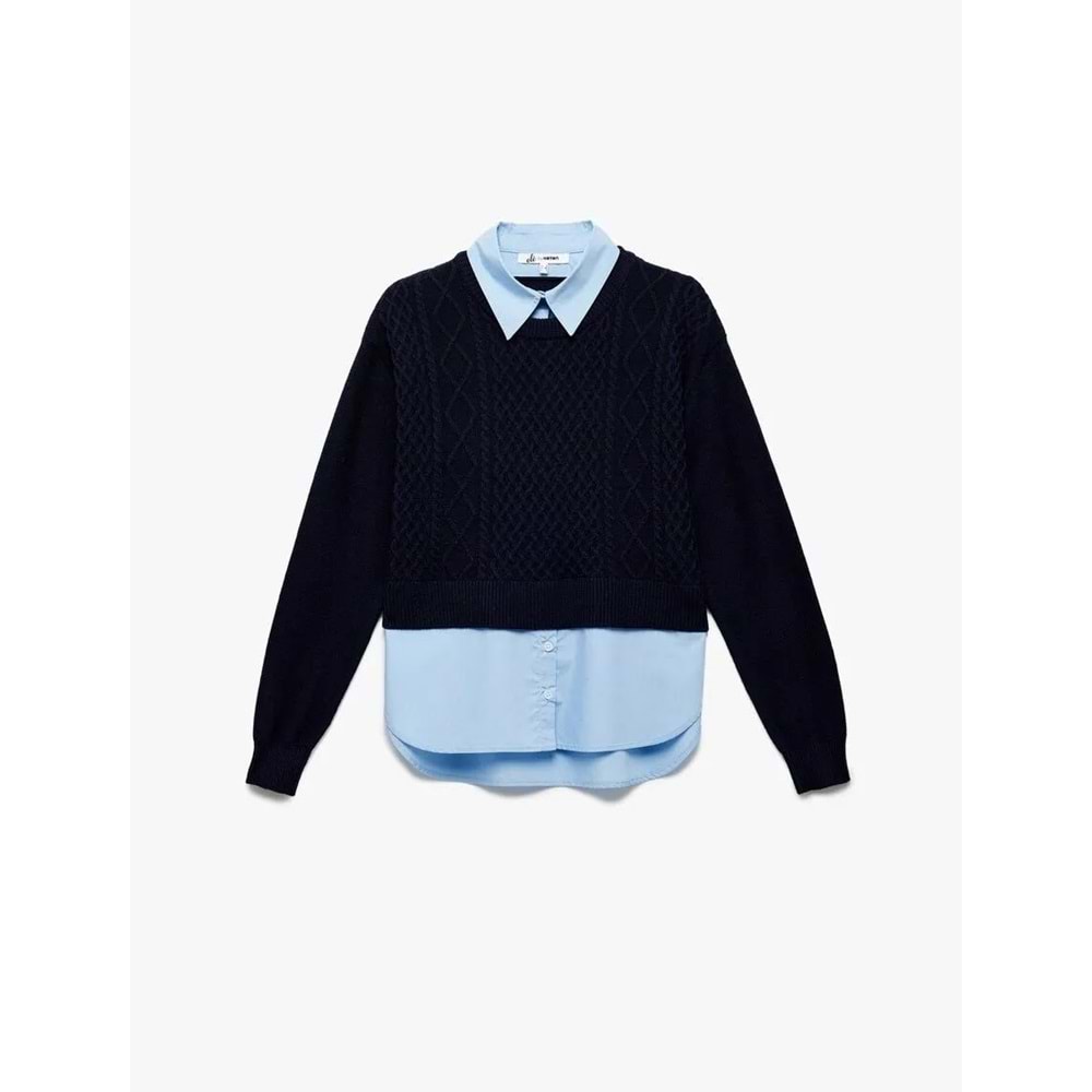 Kadın Giyim Uzun Kollu Gömlek Yaka Saç Örgü Dokulu Viskon Karışımlı Kazak - KOTON - 6WAL90003IT - LACİVERT - S