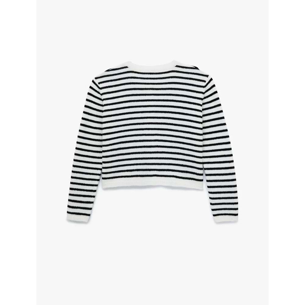 Kadın Giyim Uzun Kollu Düğmeli Bisiklet Yaka Çizgili Triko Hırka - KOTON - 6WAL90019IT - EKRU ÇİZGİLİ - M