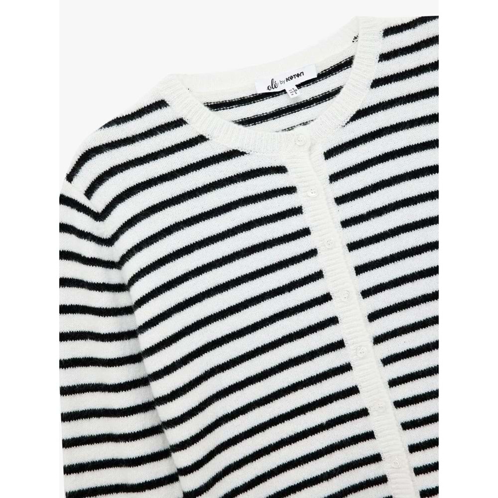 Kadın Giyim Uzun Kollu Düğmeli Bisiklet Yaka Çizgili Triko Hırka - KOTON - 6WAL90019IT - EKRU ÇİZGİLİ - M