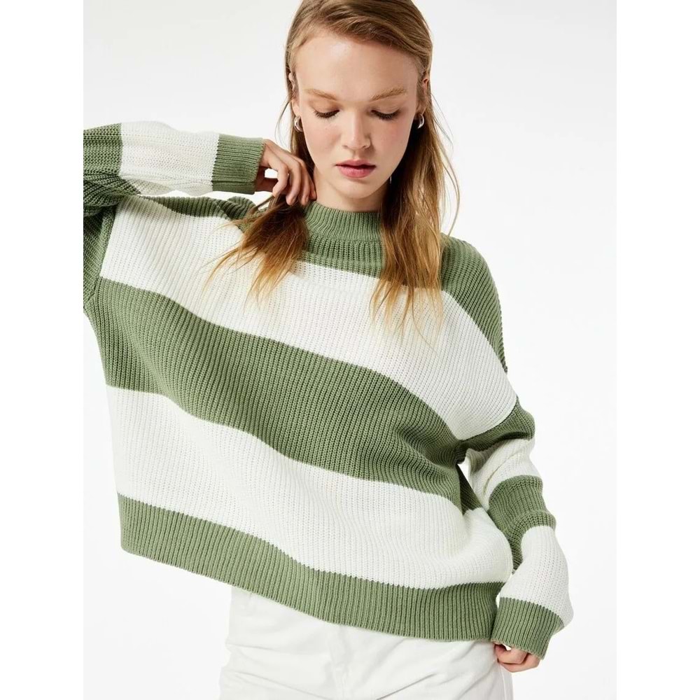 Kadın Giyim Uzun Kollu Bisiklet Yaka Renk Bloklu Triko Kazak - KOTON - 6WAL90036HT - YEŞİL ÇİZGİLİ - S