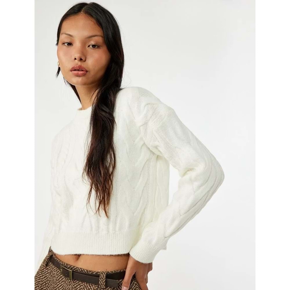 Kadın Giyim Uzun Kollu Bisiklet Yaka Saç Örgülü Triko Kazak - KOTON - 6WAL90094HT - EKRU - XS