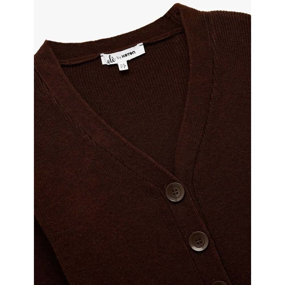 Kadın Giyim Düğmeli V Yaka Uzun Kollu Triko Hırka - KOTON - 6WAL90110HT - KAHVERENGİ - L