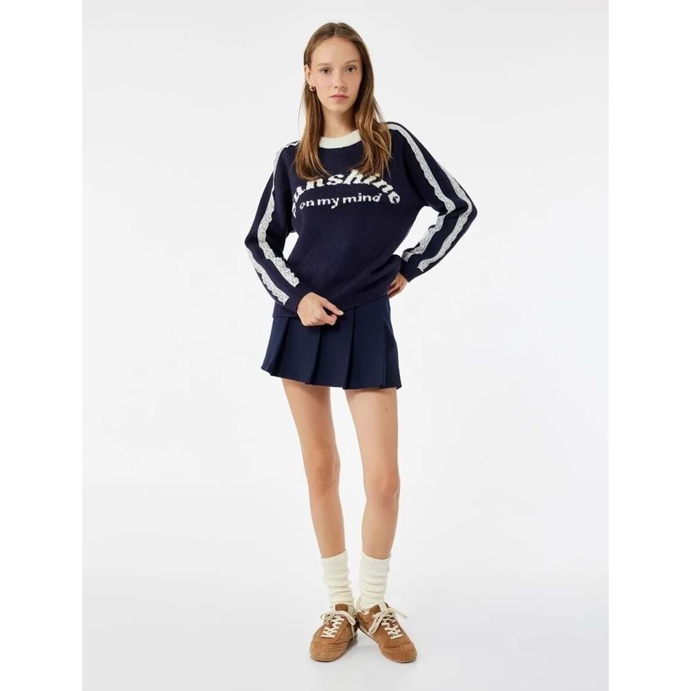 Kadın Giyim Dantel Detaylı Uzun Kollu Desenli Bisiklet Yaka Kazak - KOTON - 6WAL90114HT - LACİVERT - L