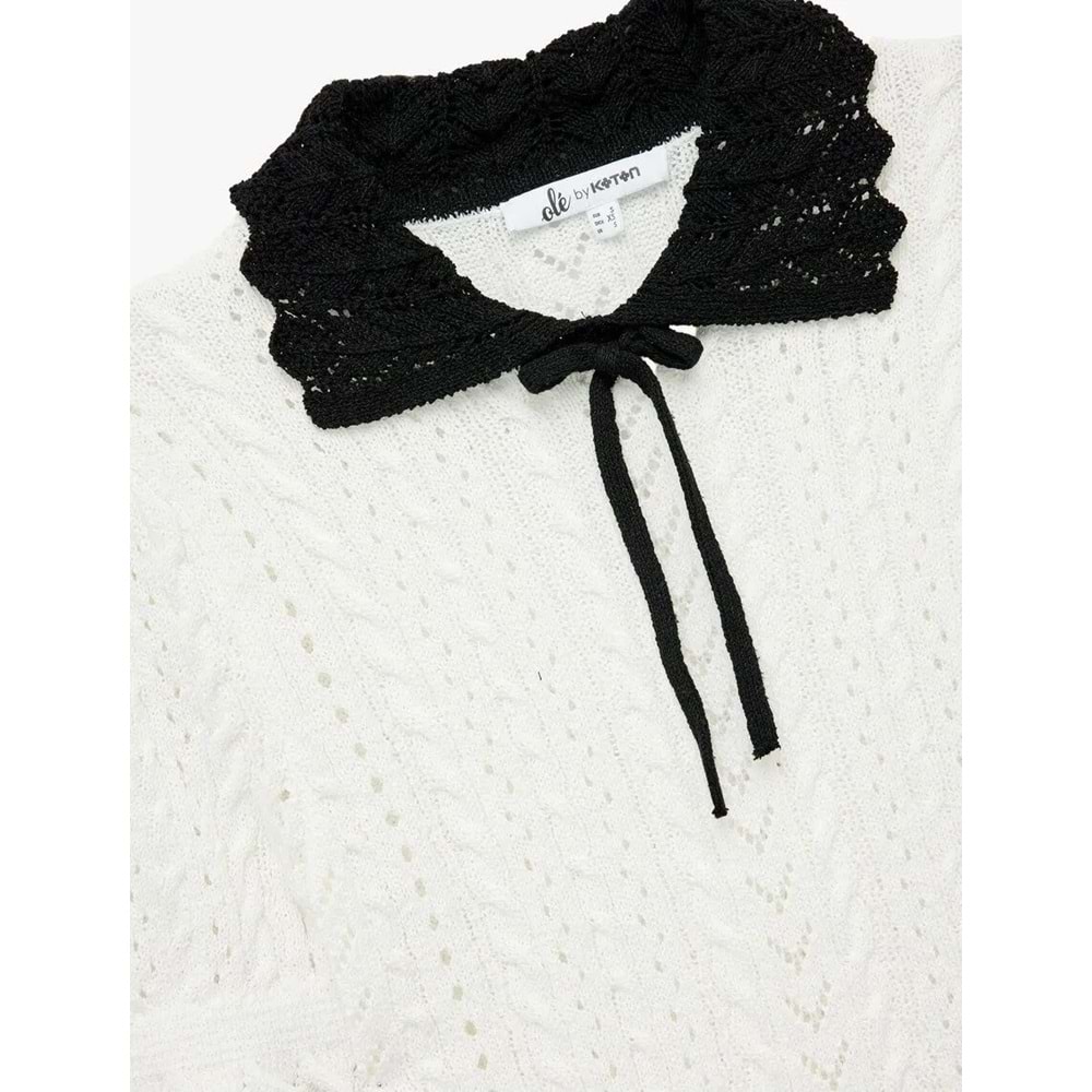 Kadın Giyim Kısa Kollu Bebe Yaka Fiyonklu Ajurlu Triko Kazak - KOTON - 6WAL90121HT - EKRU - XS