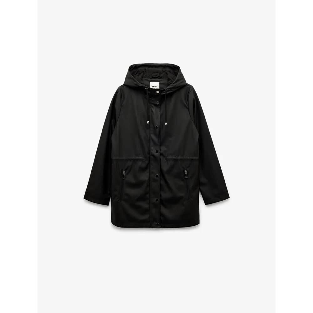 Kadın Giyim Cepli Beli Bağlamalı Uzun Kollu Fermuarlı Kapüşonlu Yağmurluk - KOTON - 6WAK00007EW - SİYAH - 34