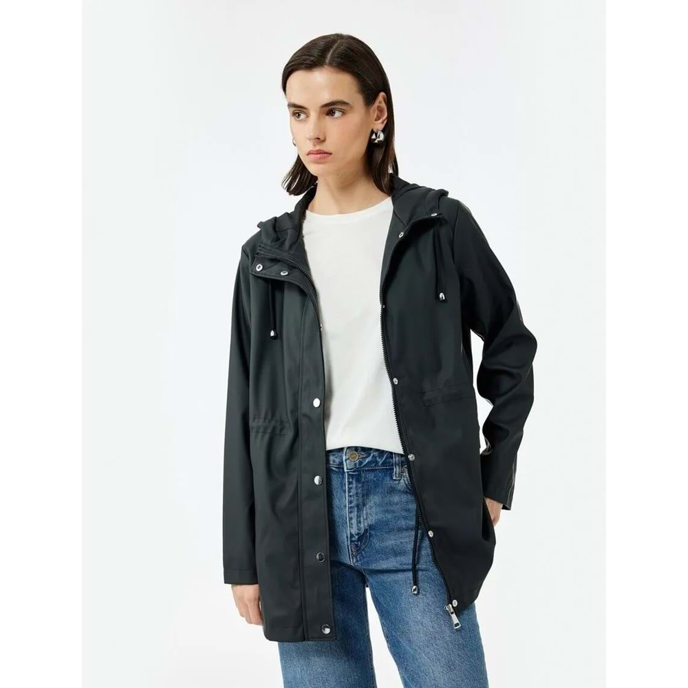 Kadın Giyim Cepli Beli Bağlamalı Uzun Kollu Fermuarlı Kapüşonlu Yağmurluk - KOTON - 6WAK00007EW - SİYAH - 34