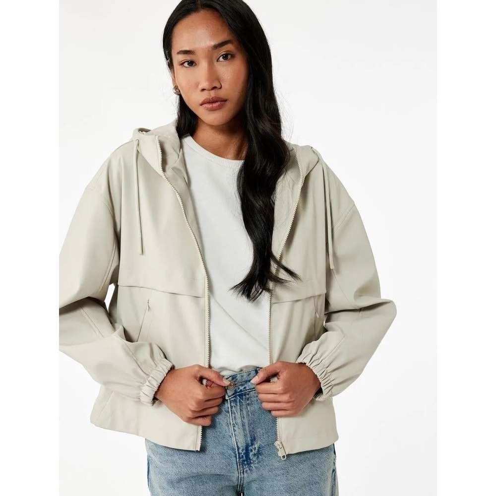 Kadın Giyim Fermuarlı Kapüşonlu Uzun Kollu Suni Deri Yağmurluk - KOTON - 6WAK00008EW - Taş - 40