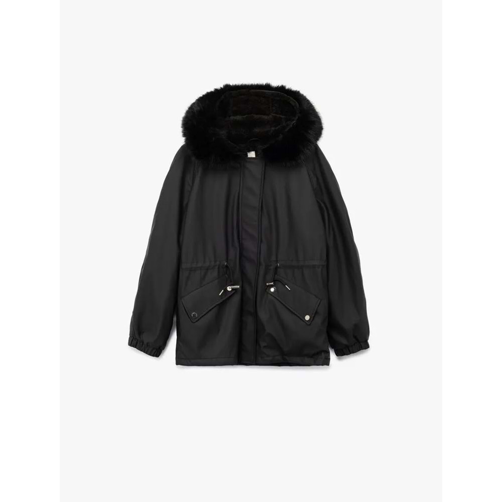 Kadın Giyim Polar Astarlı Cepli Çıkarılabilir Suni Kürk Aksesuar Detaylı Kapüşonlu Anorak Mont - KOTON - 6WAK00013EW - SİYAH - 34