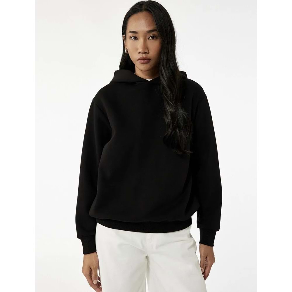 Kadın Giyim Üç İplik Uzun Kollu Kapüşonlu Basic Sweatshirt - KOTON - 6WAK10032EK - SİYAH - L