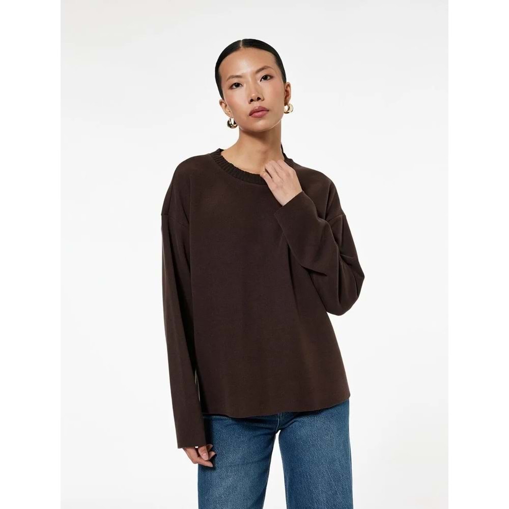 Kadın Giyim Uzun Kollu Bisiklet Yaka Basic Sweatshirt - KOTON - 6WAK10092EK - KAHVERENGİ - S