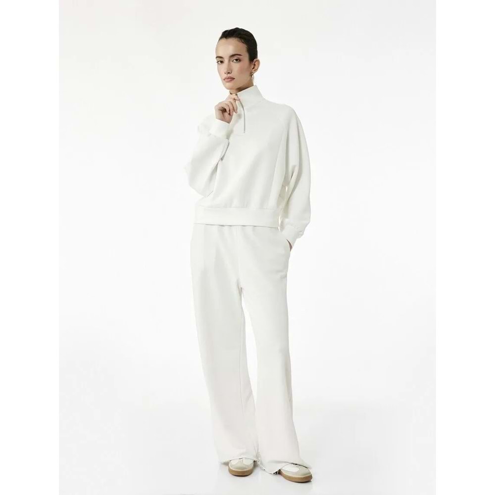 Kadın Giyim Rahat Kalıp Modal Kumaş Uzun Kollu Dik Yaka Yarım Fermuarlı Sweatshirt - KOTON - 6WAK10098EK - BEYAZ - XL