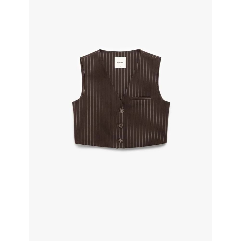 Kadın Giyim Kolsuz Cepli V Yaka Düğmeli Crop Yelek - KOTON - 6WAK20011PW - KAHVERENGİ ÇİZGİLİ - 38