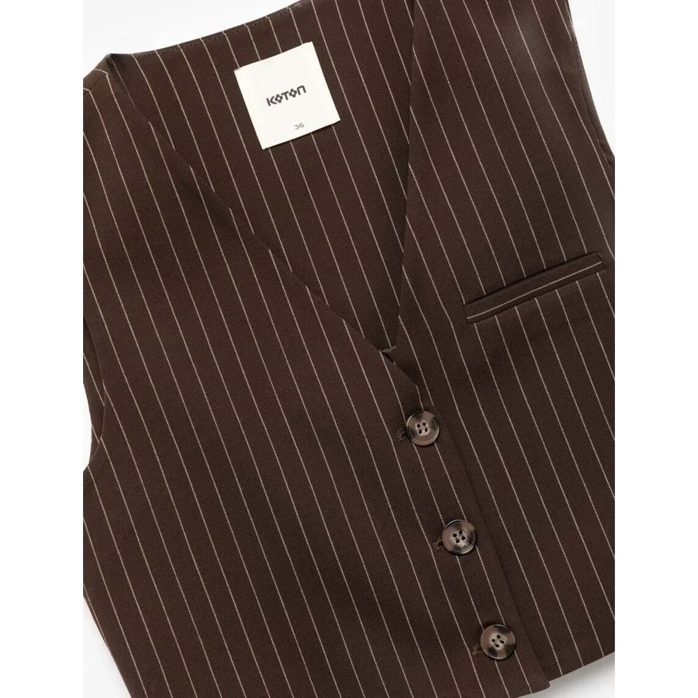 Kadın Giyim Kolsuz Cepli V Yaka Düğmeli Crop Yelek - KOTON - 6WAK20011PW - KAHVERENGİ ÇİZGİLİ - 38