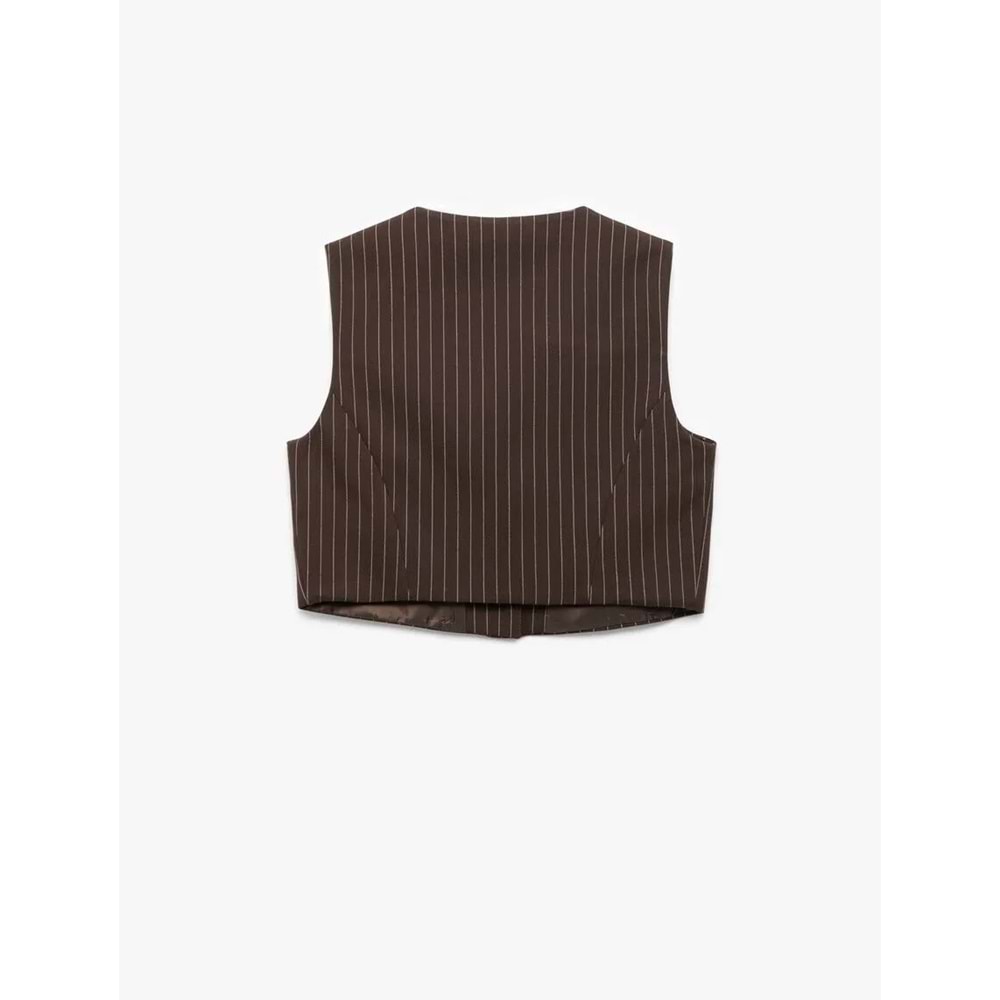 Kadın Giyim Kolsuz Cepli V Yaka Düğmeli Crop Yelek - KOTON - 6WAK20011PW - KAHVERENGİ ÇİZGİLİ - 38