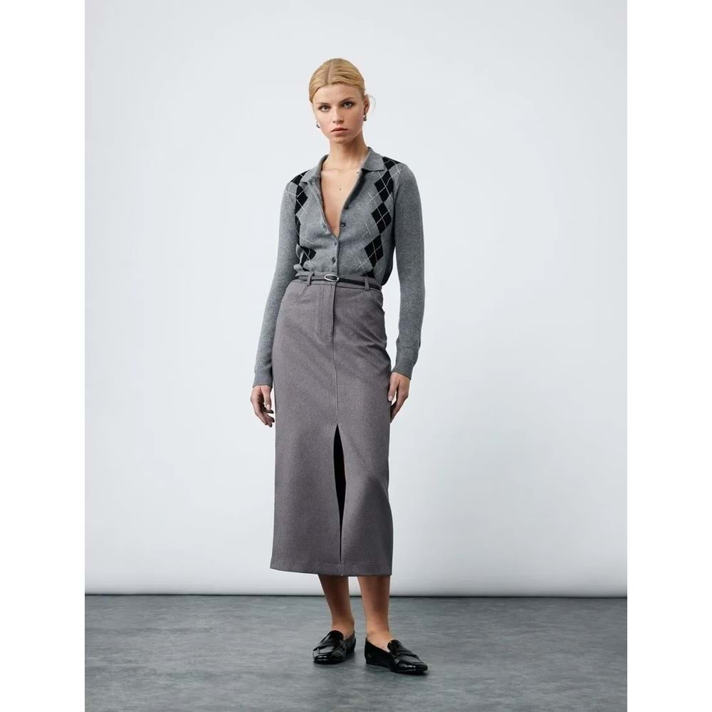 Kadın Giyim Önden Yırtmaç Detaylı Cepli Kemerli Midi Boy Kalem Etek - KOTON - 6WAK70032UW - ANTRASİT - 38