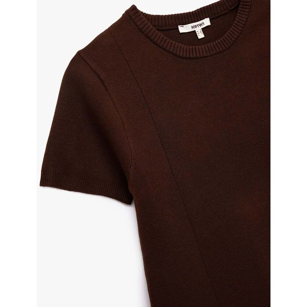 Kadın Giyim Regular Fit Kısa Kollu Bisiklet Yaka A Kesim Mini Triko Elbise - KOTON - 6WAK80007HT - KAHVERENGİ - L