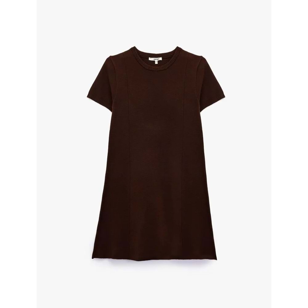 Kadın Giyim Regular Fit Kısa Kollu Bisiklet Yaka A Kesim Mini Triko Elbise - KOTON - 6WAK80007HT - KAHVERENGİ - L