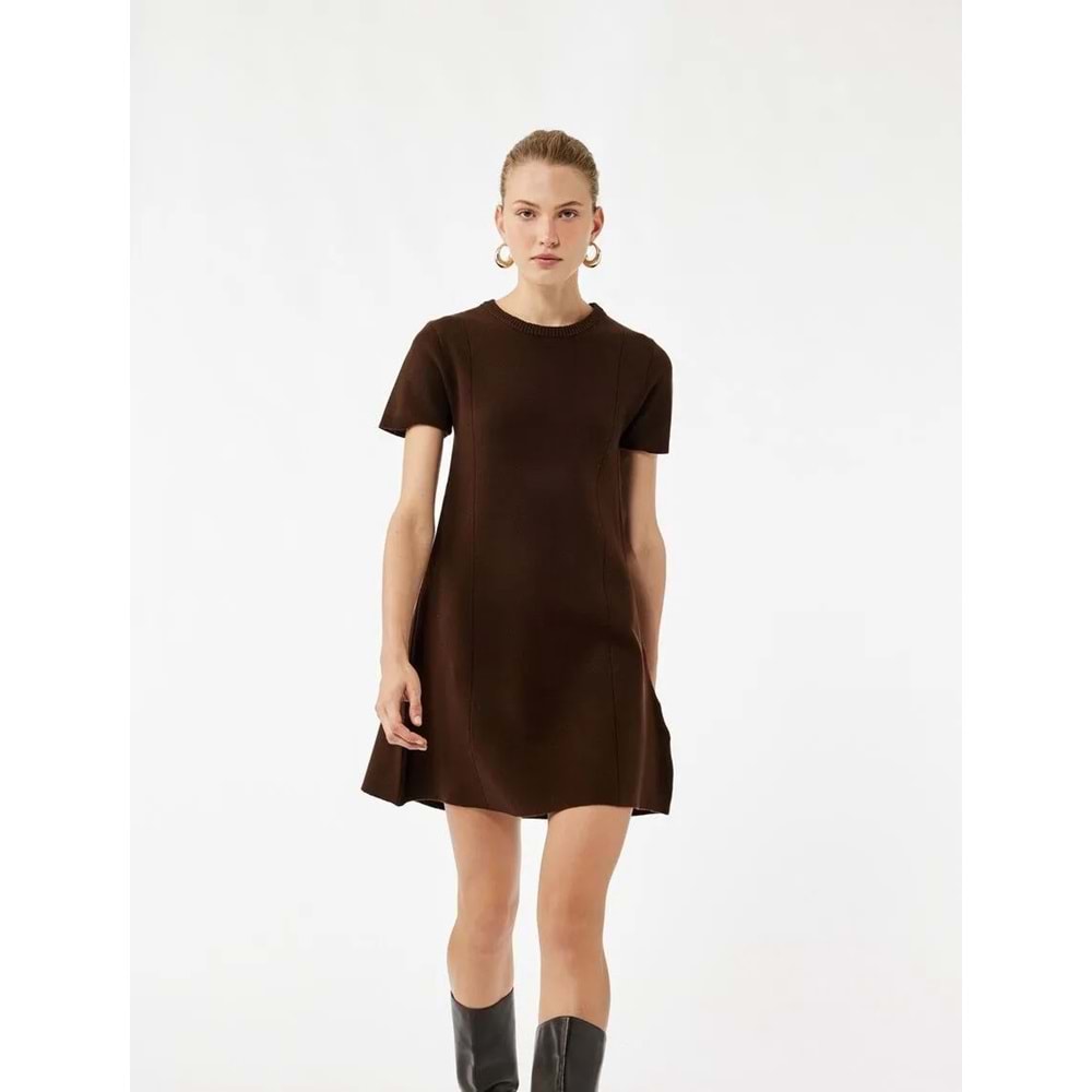 Kadın Giyim Regular Fit Kısa Kollu Bisiklet Yaka A Kesim Mini Triko Elbise - KOTON - 6WAK80007HT - KAHVERENGİ - L