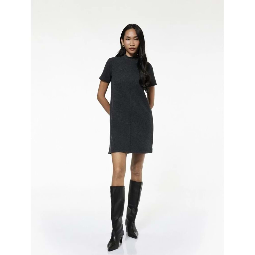 Kadın Giyim Slim Fit Kısa Kollu Dik Yaka Mini Triko Elbise - KOTON - 6WAK80023EK - ANTRASİT - S