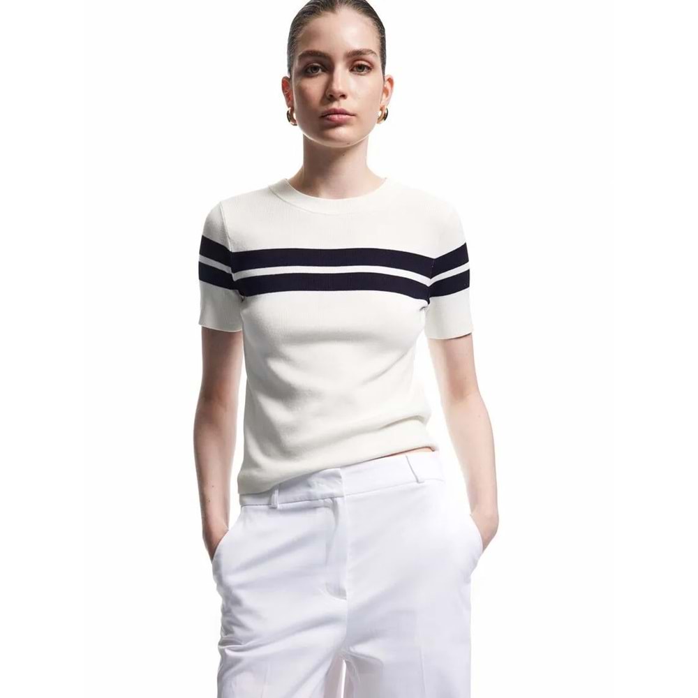 Kadın Giyim Viskon Kumaş Kısa Kollu Bisiklet Yaka Triko Sweatshirt - KOTON - 6WAK90118HT - LACİVERT ÇİZGİLİ - M